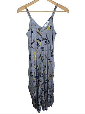 Mod Gray Mustard Floral V-neck Maxi Dress Side Slits Size Medium Casual Summer